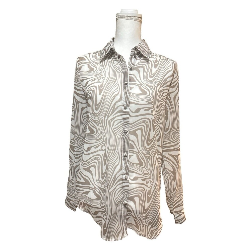 Princess Polly Abstract Swirl Button Up Blouse Taupe Sheer Y2K Office Chic US 4 - Picture 2 of 7